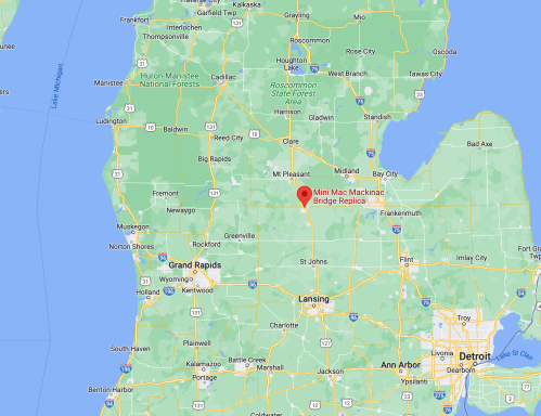 Map showing Michigan with a marker for the Min Mac Mackinac Bridge Replica location.