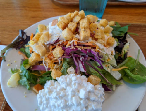 A colorful salad with mixed greens, shredded vegetables, cheese, croutons, and a side of cottage cheese on a plate.