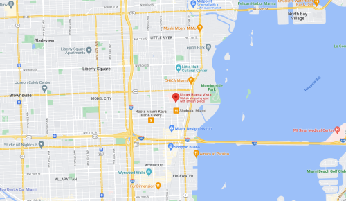 Map of Miami, highlighting Upper Buena Vista and nearby areas, with streets and water bodies visible.