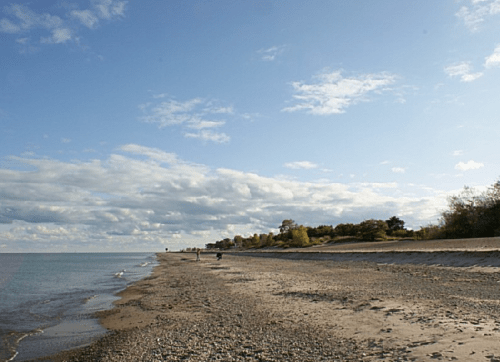 A serene beach scene with a sandy shore, gentle waves, and a cloudy sky in the background.