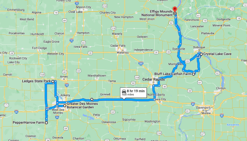 Map showing a route through Iowa, highlighting Effigy Mounds National Monument and various points of interest.