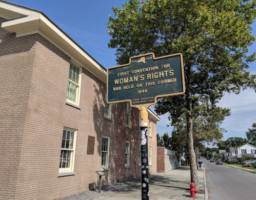 Historical sign marking the site of the first convention for women's rights, held in 1848.