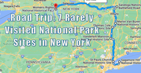 Map highlighting a road trip route to seven rarely visited national park sites in New York.