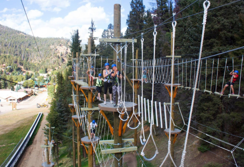 A group of people on a high ropes course among trees, with a scenic view of a town and mountains in the background.