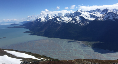 A panoramic view of snow-capped mountains overlooking a glacial lake with swirling sediment patterns.