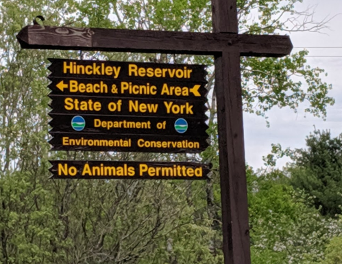 Signpost indicating Hinckley Reservoir, Beach & Picnic Area, and New York's Department of Environmental Conservation. No animals allowed.