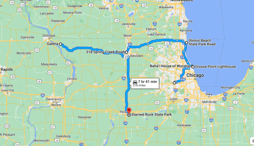 Map showing a route from Chicago to Galena, including stops at Starved Rock State Park and Illinois Beach State Park.