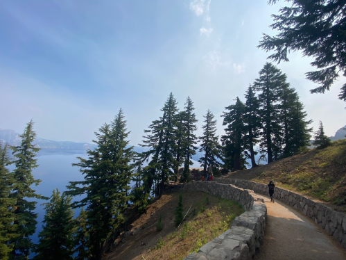 A person walks along a stone path surrounded by tall trees, with a lake and mountains in the background.