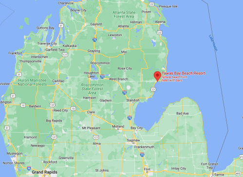 Map showing Tawas Bay Beach Resort location in Michigan, near Tawas City and Lake Huron.