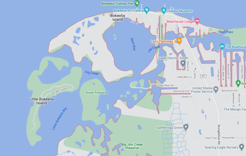 Map of Bokeelia Island, highlighting waterways, parks, and nearby landmarks in a coastal area.