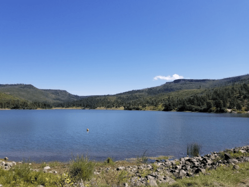A serene lake surrounded by green hills under a clear blue sky, with a small red buoy visible in the water.