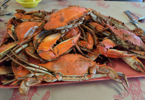 A large platter piled high with cooked, orange crabs on a table covered with a patterned paper.