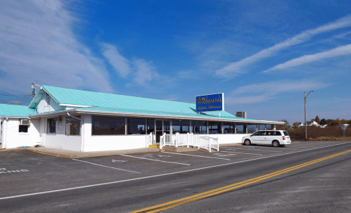 A seaside restaurant with a turquoise roof and large windows, set against a clear blue sky.
