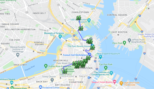 Map of Boston highlighting various landmarks and attractions, including Faneuil Hall and the USS Constitution.