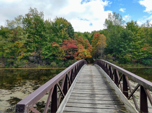 A wooden bridge spans a calm pond, surrounded by trees displaying autumn colors under a partly cloudy sky.
