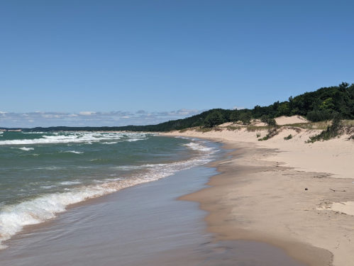 A serene beach scene with gentle waves, sandy shore, and lush greenery under a clear blue sky.