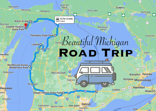 Map of a road trip route through Michigan, highlighting parks and scenic areas, with a van illustration.