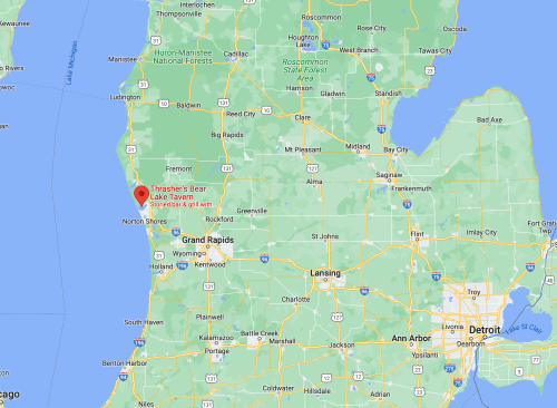 Map showing Michigan with a focus on Thrasher's Bear Lake Tavern near the northwest coast.