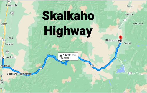 Map showing Skalkaho Highway route from Hamilton to Philipsburg, with a travel time of 1 hour 38 minutes over 63.2 miles.