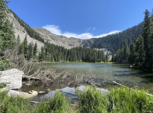 A serene mountain lake surrounded by lush trees and rocky terrain under a clear blue sky.