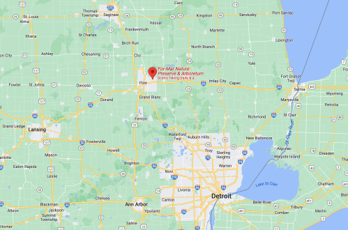 Map showing the location of the Ford Marsh Nature Preserve & Arboretum near Flint, Michigan, with surrounding areas.