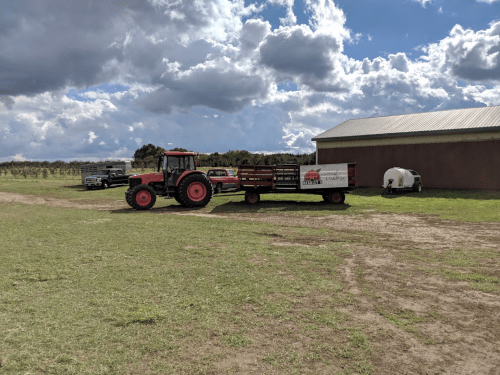 A red tractor with a trailer parked on a grassy field near a barn under a cloudy sky.