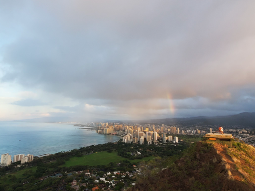 A panoramic view of a coastal city with skyscrapers, green hills, and a cloudy sky, capturing a serene landscape.