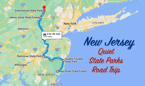 Map of a road trip through New Jersey's quiet state parks, highlighting routes and locations.