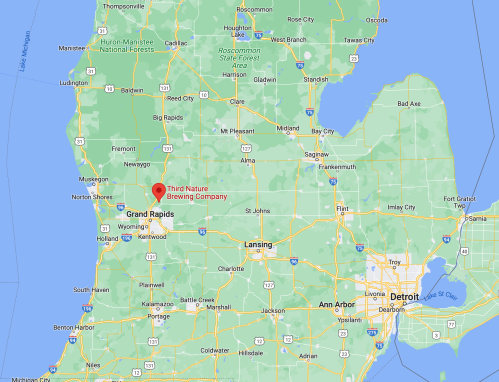 Map of Michigan highlighting the location of Third Nature Brewing Company near Grand Rapids and Lansing.