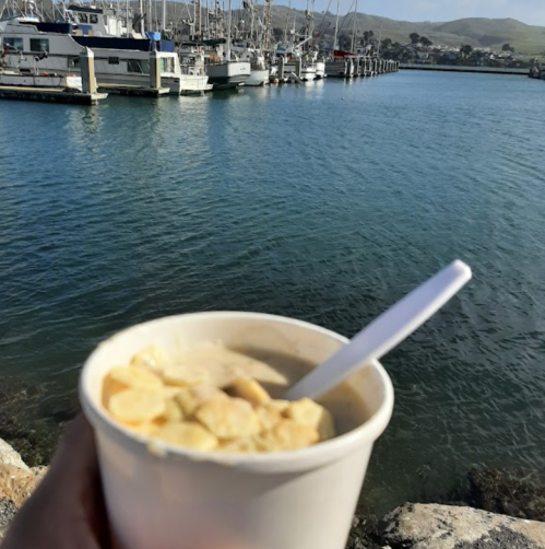 A hand holds a cup of food with a marina and boats in the background, reflecting calm water and hills.
