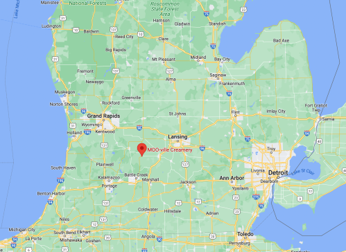 Map of Michigan highlighting the location of Moo-ville Creamery near Lansing, south of Grand Rapids and east of Detroit.