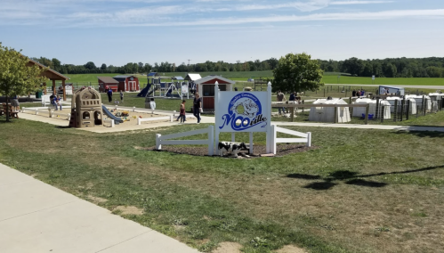 A playground with a sign reading "Mooville," featuring play structures and grassy areas under a clear blue sky.