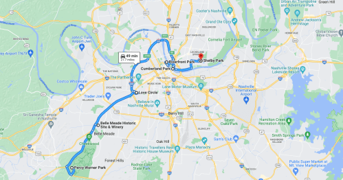 Map showing a route from Percy Warner Park to Shelby Park in Nashville, with estimated travel time of 40 minutes.