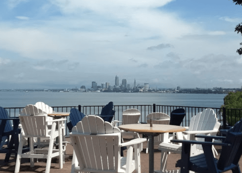 View of a city skyline over a lake, with white and blue outdoor chairs and tables in the foreground.