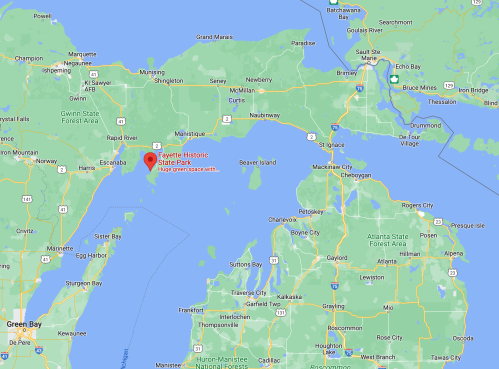 Map showing the location of Fayette Historic State Park in Michigan, near the northern tip of the Lower Peninsula.