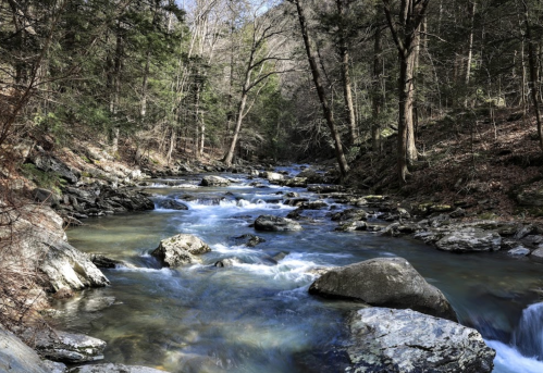 A serene river flows through a rocky landscape, surrounded by trees and gentle slopes in a peaceful natural setting.