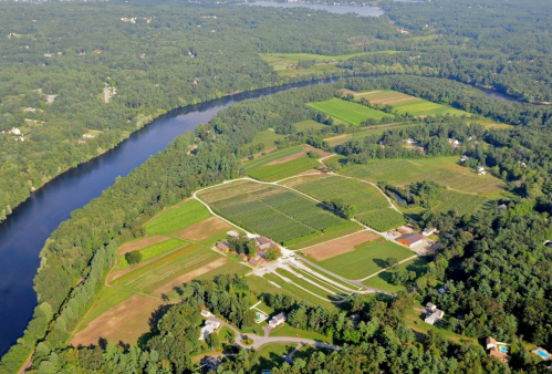 Aerial view of lush green fields and a winding river, surrounded by trees and a few scattered houses.