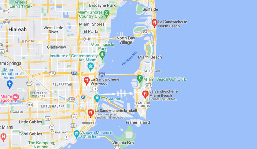 Map of Miami, highlighting locations including La Sandwicherie and Miami Beach Golf Club.
