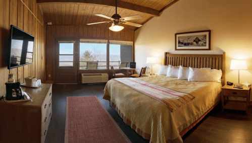 Cozy hotel room with a king bed, wooden accents, a TV, and large windows showcasing a scenic view.