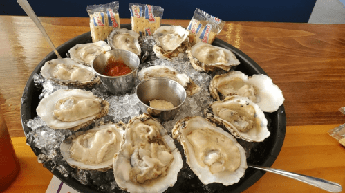 A platter of fresh oysters on ice, served with cocktail sauce, lemon, and crackers.