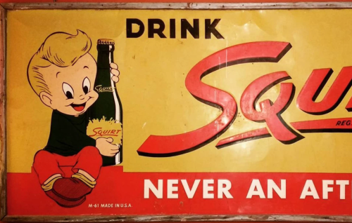 Vintage advertisement featuring a cheerful cartoon boy holding a bottle of Squirt soda with the slogan "Never an After."