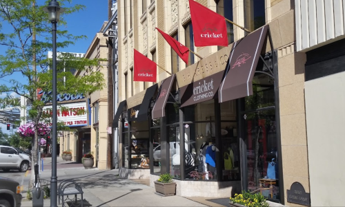 A clothing store named "Cricket" with red flags, located on a sunny street with nearby shops and greenery.