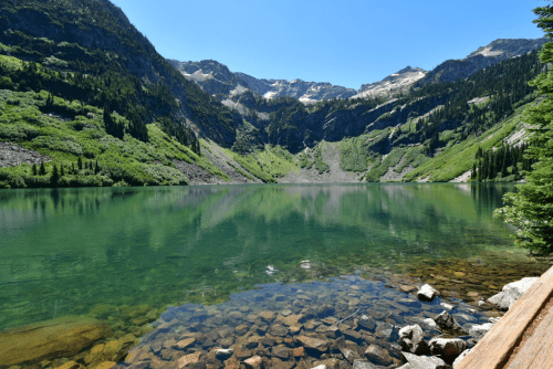 A serene mountain lake surrounded by lush greenery and rocky shores, reflecting the clear blue sky and peaks.