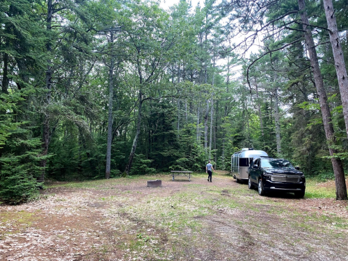 A person walks near a silver camper van in a wooded campsite surrounded by tall trees and a picnic table.