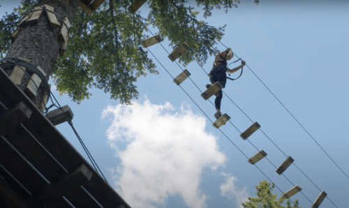 A person navigates a high ropes course, walking on wooden planks suspended between trees against a blue sky.