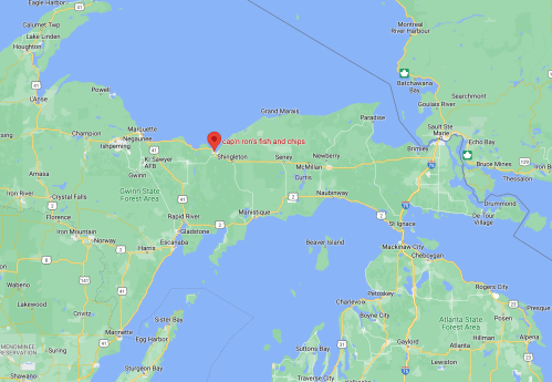 Map showing the location of Cap'n Ron's Fish and Chips near Singleton, Michigan, along the northern coast.