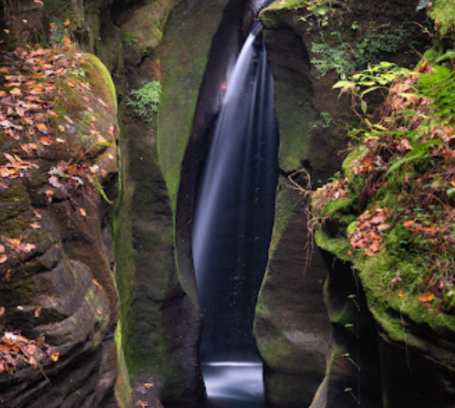 A serene waterfall cascades through a narrow, moss-covered canyon surrounded by lush greenery and fallen leaves.