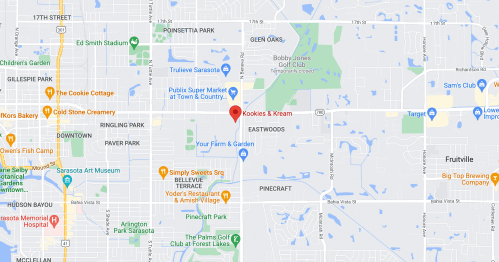 Map showing the location of Kookies & Kream in Sarasota, Florida, near Poinsettia Park and Eastwoods.