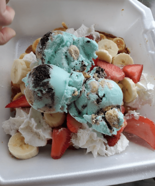 A dessert bowl with mint chocolate chip ice cream, strawberries, bananas, and whipped cream on a waffle base.