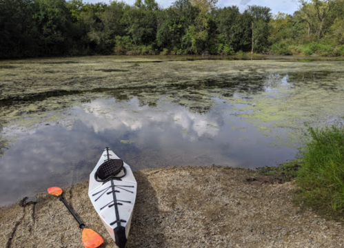 A kayak rests on the shore beside a calm, green-tinted pond surrounded by trees and reflected clouds.